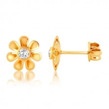 9K Gold Ohrringe - Blume mit sieben Blütenblättern, klarer Zirkon in der Mitte