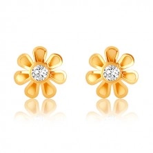 9K Gold Ohrringe - Blume mit sieben Blütenblättern, klarer Zirkon in der Mitte