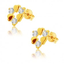 9K Gelbgold Ohrringe - drei symmetrische Herzen und drei glitzernde Zirkone