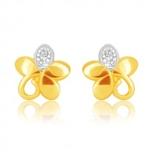 Ohrringe aus kombiniertem 9K Gold - Blume mit fünf Blütenblättern, Spirale und Zirkone