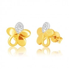 Ohrringe aus kombiniertem 9K Gold - Blume mit fünf Blütenblättern, Spirale und Zirkone