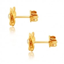 375 Gold Ohrringe - glänzende Blume aus vier ineinander verschlungenen Reifen, glitzernder Zirkon