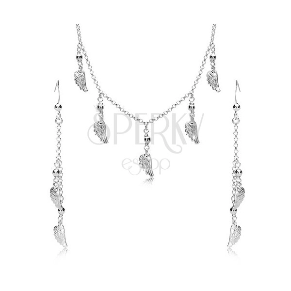 925 Silber Set - Ohrringe und Halskette, Engelsflügel und Kugeln an Kette
