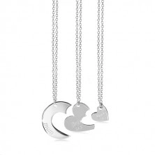 925 Silber Dreier-Set - drei Halsketten, Kreis mit Ausschnitten, Herz und Aufschriften