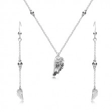 925 Silber Set - Ohrringe und Halskette, Engelsflügel und glänzende Kugeln