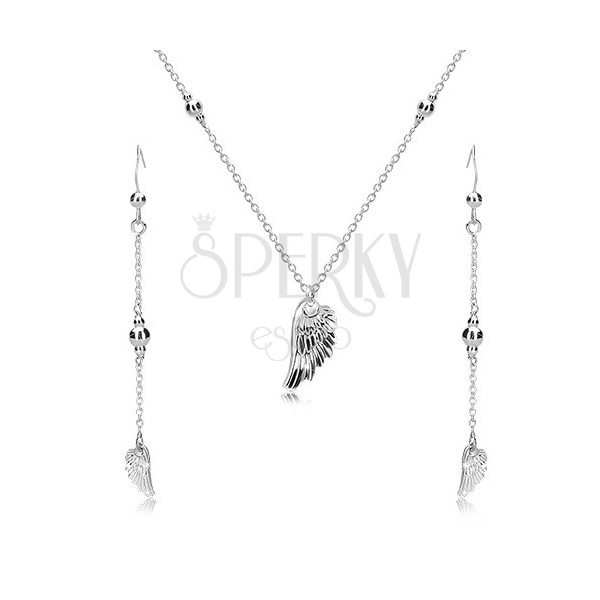 925 Silber Set - Ohrringe und Halskette, Engelsflügel und glänzende Kugeln