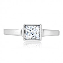 925 Silber Ring - schmale glänzende Ringschiene, transparentes Zirkon-Quadrat