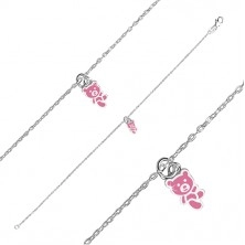 925 Silber Armband - Teddybär mit einer Glasur in rosa Farbe geschmückt, glänzende Kette