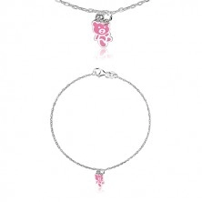 925 Silber Armband - Teddybär mit einer Glasur in rosa Farbe geschmückt, glänzende Kette
