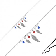 Fußkettchen aus 925 Silber - drei Federn, vier Kugeln in roter und blauer Farbe