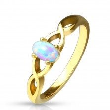 Stahl Ring in goldener Farbe - synthetischer Opal mit Regenbogenglanz, verflochtene Ringschiene