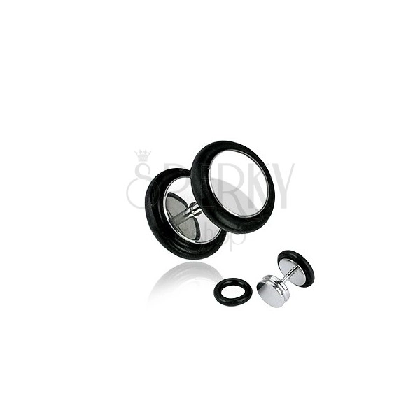 Fake Plug aus Chirurgenstahl - glänzende runde Form, schwarze Gummibänder, 8 mm