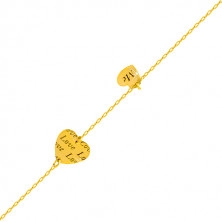 585 Gold Armband - zwei glänzende Herzen mit den Aufschriften "Love" und "Me"
