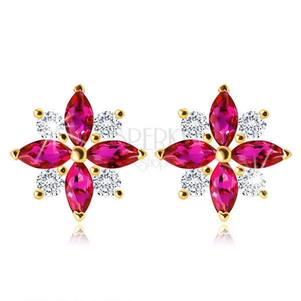 375 Gold Ohrringe – Blume mit rosa-roten und klaren Zirkon Blütenblättern