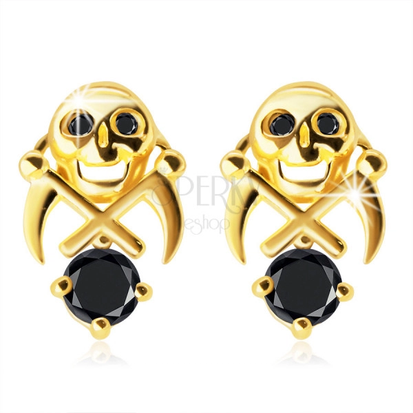 Ohrringe aus 375 Gold – Schädel mit zwei Sicheln, Zirkone in einem schwarzen Farbton
