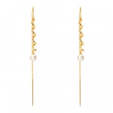 Hängende Ohrringe aus 585 Gold – glänzende Spirale, Perle in weißer Farbe