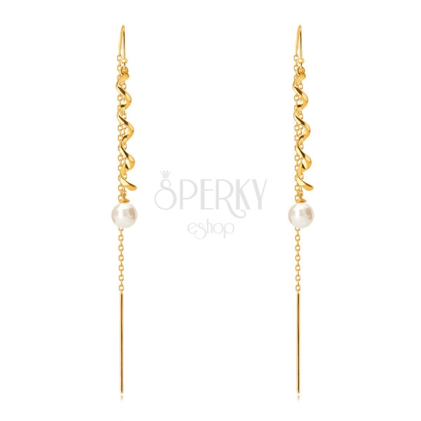 Hängende Ohrringe aus 585 Gold – glänzende Spirale, Perle in weißer Farbe