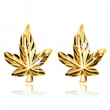 Glänzende Ohrringe aus 14K Gold – Hanfblatt mit Adern und einem Stiel