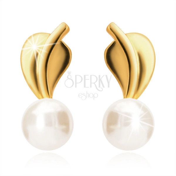 14K Gelbgold Ohrringe – Blatt mit einem Stiel, eine weiße Perle