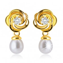 9K Gold Ohrringe – Blume mit ineinander verschlungenen Blättern, glitzernder Zirkon, weiße Perle