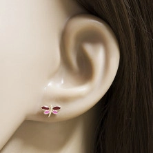 9K Gold Ohrringe – Silhouette einer Libelle, dunkelbraune und rosa Glasur