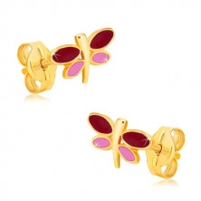 9K Gold Ohrringe – Silhouette einer Libelle, dunkelbraune und rosa Glasur