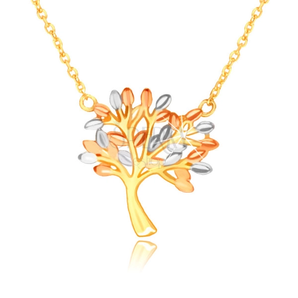 Halskette aus kombiniertem 585 Gold – verzweigter Baum des Lebens mit Blättern