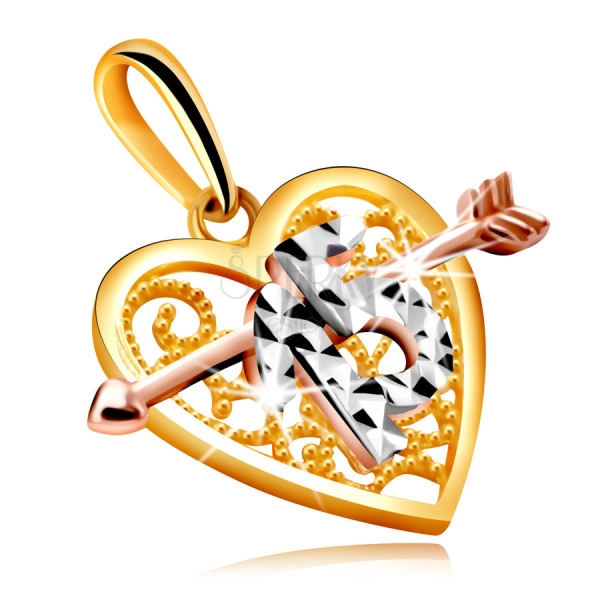 Anhänger in kombiniertem Gold in Form eines Herzens mit einem Pfeil – dekorative Nummer 15