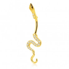 Bauchnabelpiercing aus 14K Gold – glänzende wellige Schlange, Schwanz mit glitzernden Zirkonen geschmückt