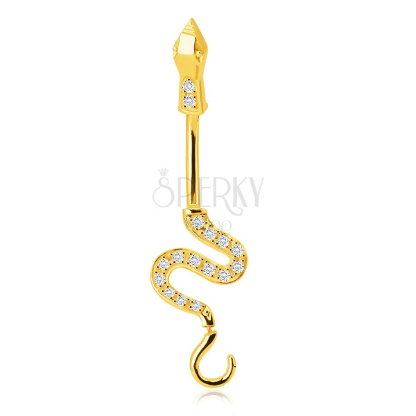 Bauchnabelpiercing aus 14K Gold – glänzende wellige Schlange, Schwanz mit glitzernden Zirkonen geschmückt