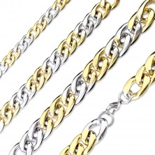 Stahlkette in silberner-goldener Farbausführung – leicht abgeschrägte glänzende Glieder, 11 mm