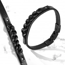 Schwarzes Lederarmband – mit abgeschrägten Gliedern in matt schwarzer Farbe geschmückt