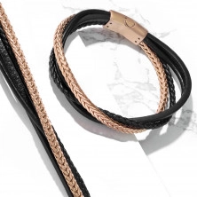 Lederarmband – drei schwarze Streifen, ein Stahlstreifen in Kupferfarbe