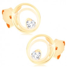 9K Gold Ohrringe – verbundene dünne Ringe mit einem glitzernden Zirkon geschmückt, Ohrstecker