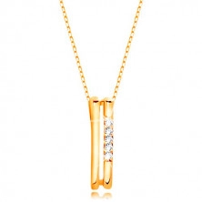 Halskette aus 14K Gelbgold – zwei dünne vertikale Streifen, Linie aus klaren Zirkonen