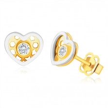 Diamantohrringe aus 14K kombiniertem Gold – Herz, runder klarer Brillant