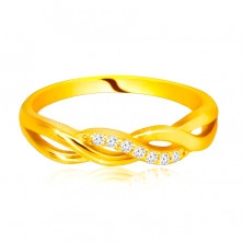 Glänzender Ring aus 14K Gelbgold – ineinander verschlungene Wellen, Linie aus Brillanten
