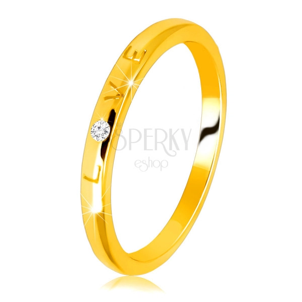 14K Gelbgold Diamantring – Aufschrift “LOVE” mit einem Brillanten, glatte Oberfläche, 1,5 mm 