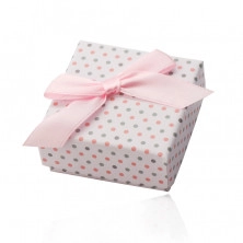 Weiße Geschenkschachtel für Ringe oder Ohrringe, rosa und graue Punkte, Schleife