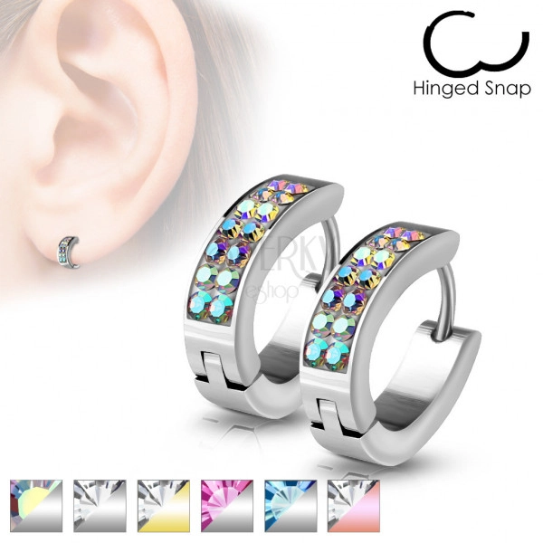 Scharnier Ohrringe aus Stahl - Oval mit kleinen Zirkonen geschmückt, silberne Farbe