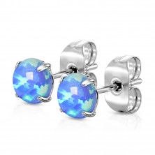 Stahl Ohrringe - blauer runder synthetischer Opal, Ohrsteckerverschluss
