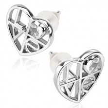 925 Silber Ohrringe – Herzumriss mit einer Aufschrift Love, Ohrsteckerverschluss