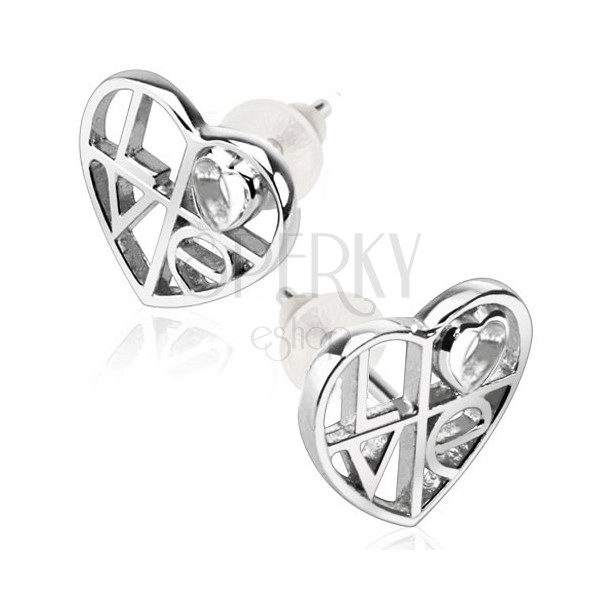 925 Silber Ohrringe – Herzumriss mit einer Aufschrift Love, Ohrsteckerverschluss