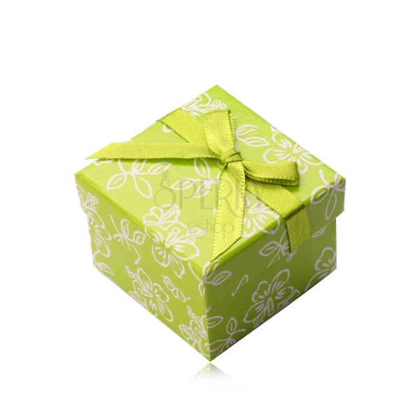 Papier Geschenkschachtel in einem hellgrünen Farbton, grünes Band mit einer Schleife, Blumen