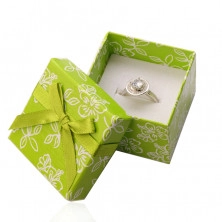 Papier Geschenkschachtel in einem hellgrünen Farbton, grünes Band mit einer Schleife, Blumen