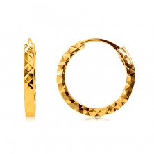 Ohrringe aus 375 Gelbgold - Reifen mit Diamantschliff verziert, quadratische Ringschiene, 12 mm