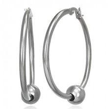 Stahl Ohrringe – glatte glänzende Reifen mit einer Kugel in silberner Farbe, 34 mm