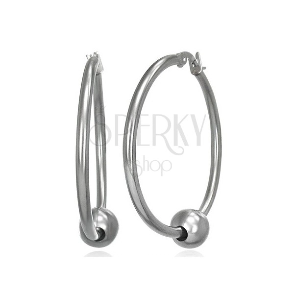 Stahl Ohrringe – glatte glänzende Reifen mit einer Kugel in silberner Farbe, 34 mm