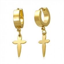 Goldfarbene Ohrringe aus 316L Stahl - Creolen mit hängendem Kreuz
