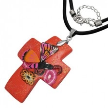 Halskette mit Fimo Kreuzanhänger in roter Farbe, Glitzer, Schmetterling